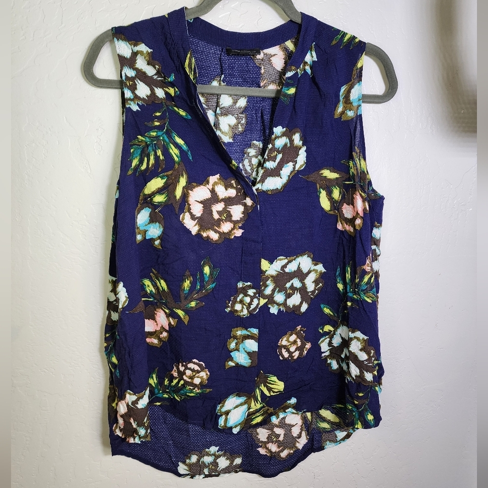 Lord & Taylor Navy Floral Button Up Tank Blouse Size Large